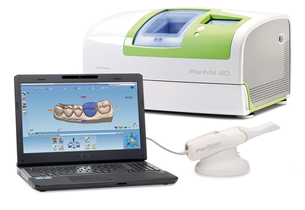 The image shows a laptop, a digital dental scanner, and a dental practice equipment setup with a monitor displaying 3D model visualization.