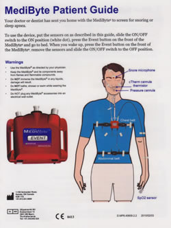 This is a medical guide to using a Medibyte device, which appears to be an oxygen concentrator or similar medical equipment. The image shows a diagram of the device and its components, including a red tank with a blue hose and a blue mask with a white strap.