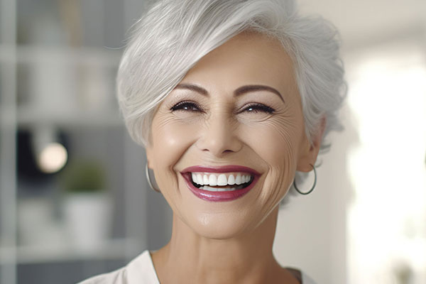 The image is a photograph of an elderly woman with white hair, wearing makeup and smiling broadly at the camera. She has fair skin and appears to be indoors with a neutral background that includes a portion of a kitchen countertop.